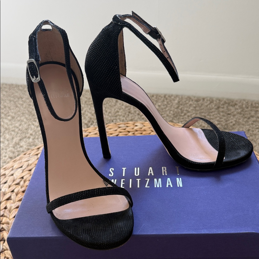 Stuart Weitzman Black Textured Leather Nudist Sandals